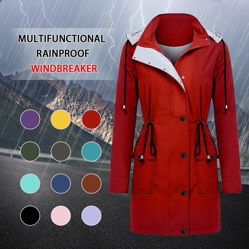 Women Solid Rain Jacket Outdoor Plus Size Waterproof Hooded Windproof Loose Coat