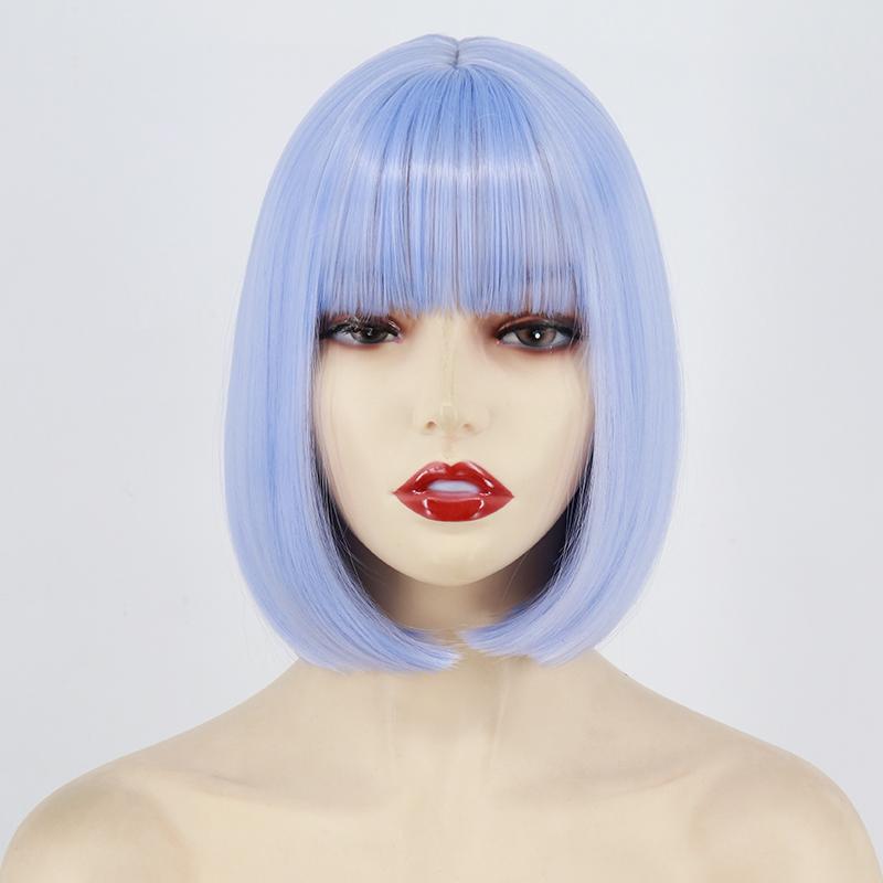 MISSQUEEN Women Cosplay Light Purple Shoulder Length Straight Bob Wig with Bangs Cosplay Purple Short Hair Synthetic Fiber Halloween Wig