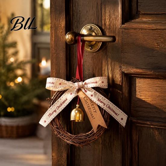 Home And Shop Window Ornaments Christmas Bell Rattan Wreath Hanging Ornament, Rustic Door Handle Wind Tags Chime Decor with Ribbon Bow, Holiday