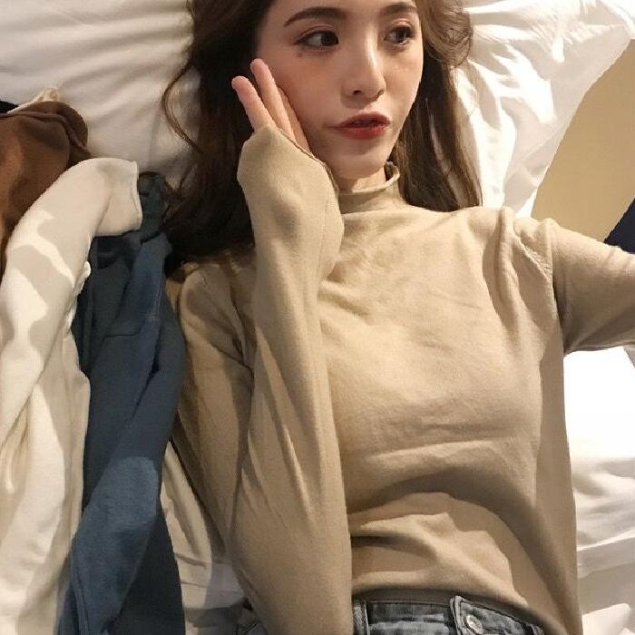 Autumn and Winter Latest Korean Version of Half High Neck Solid Color Base Shirt Fashion Ins Slim-fit All Knitted Top Female Tide