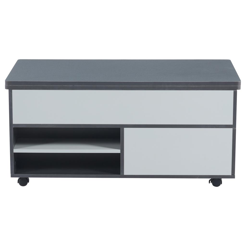 100*98*65cm Height-Adjustable Coffee Table with Hidden Storage, Casters and Drawers, Multifunctional Dining Table, Grey-White Splicing