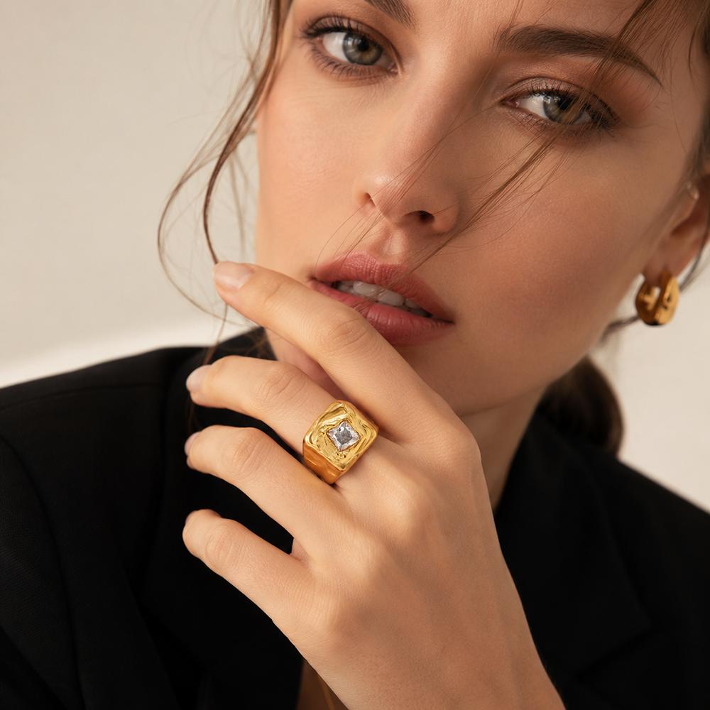 E.B.belle 18K Gold Plated Hammered Square CZ Rings Waterproof Stainless Steel Textured Ring For Women Fashion Elegant Jewelry