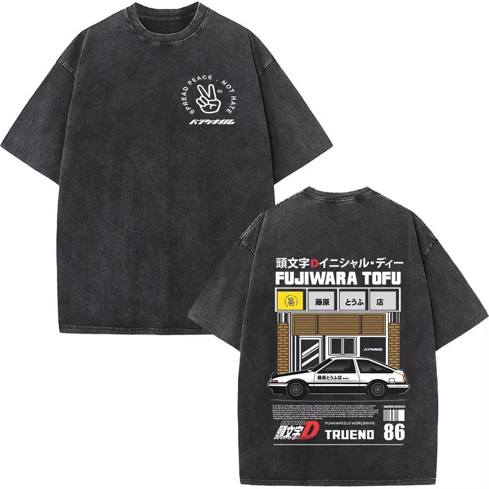 Initial D AE86 JDM Дрифт Футболка Винтажная Стиранный Хлопок Графическая Футболка Мужская Женская Унисекс Оверсайз С Круглым Вырезом Короткий Рукав Ретро Уличная Одежда Топ Авто Мерч Подарок