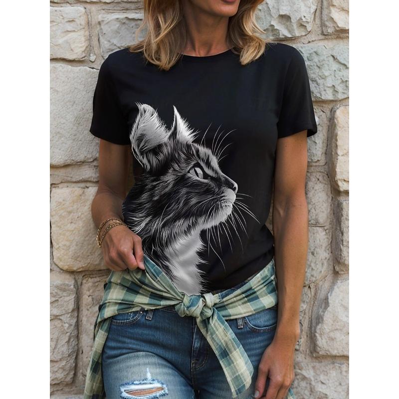 Женская футболка с принтом животного кота, в стиле ретро, классическая, с коротким рукавом, с круглым вырезом, женская летняя одежда
