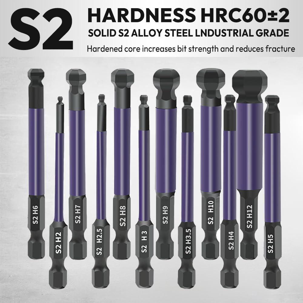 12Pcs Hex Ball End Screwdriver Bits 1/4 Inch Shank S2 Alloy Steel Screwdriver Bits Set