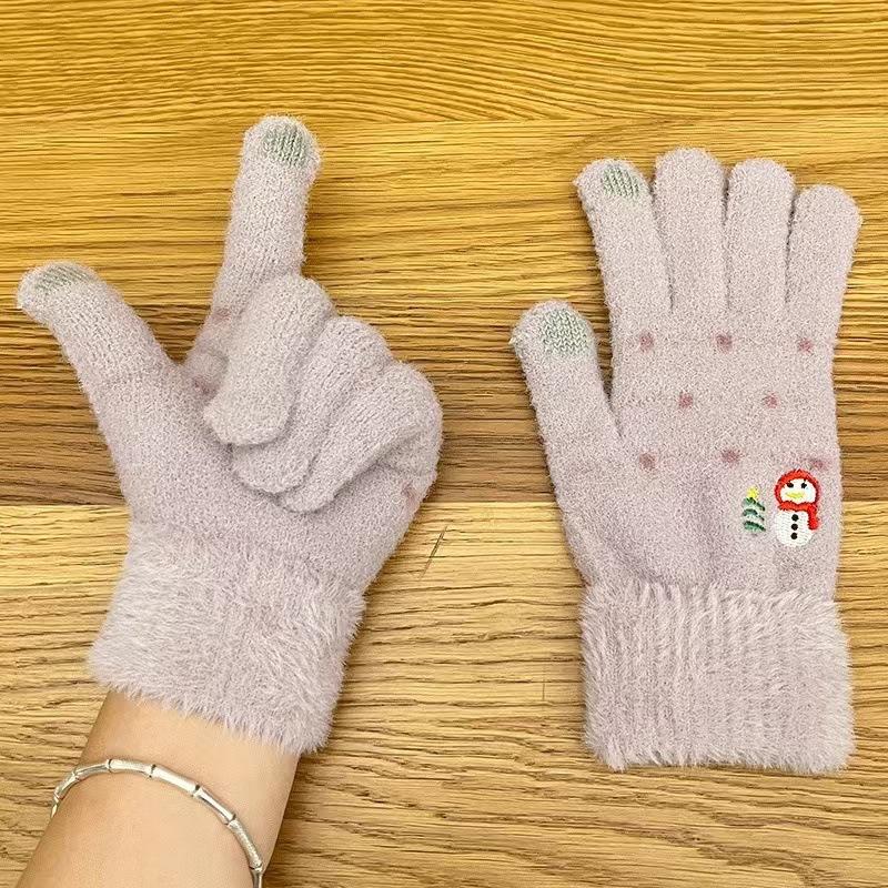 Gloves for Women Winter Warm Knitted Cute Korean Version Snowman Student Plus Velvet Thickened Touch Screen Cycling Gloves