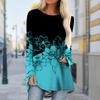 Plus Size Women Autumn Light Blue Water Droplet Flower Printed Comfy Long Sleeve Round Collar T-shirt Casual Baggy Mid Length Tee Tops
