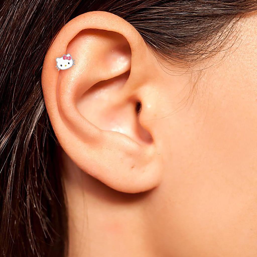 Hello Kitty 14g Cartilage Sanrio Stainless Steel Earring Piercing, (White)
