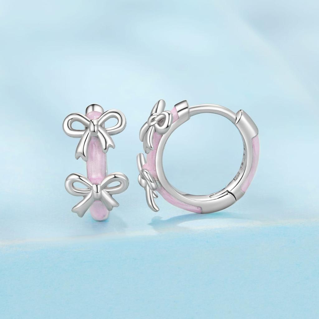 Silver earrings pink BOWS enameled clasps s925