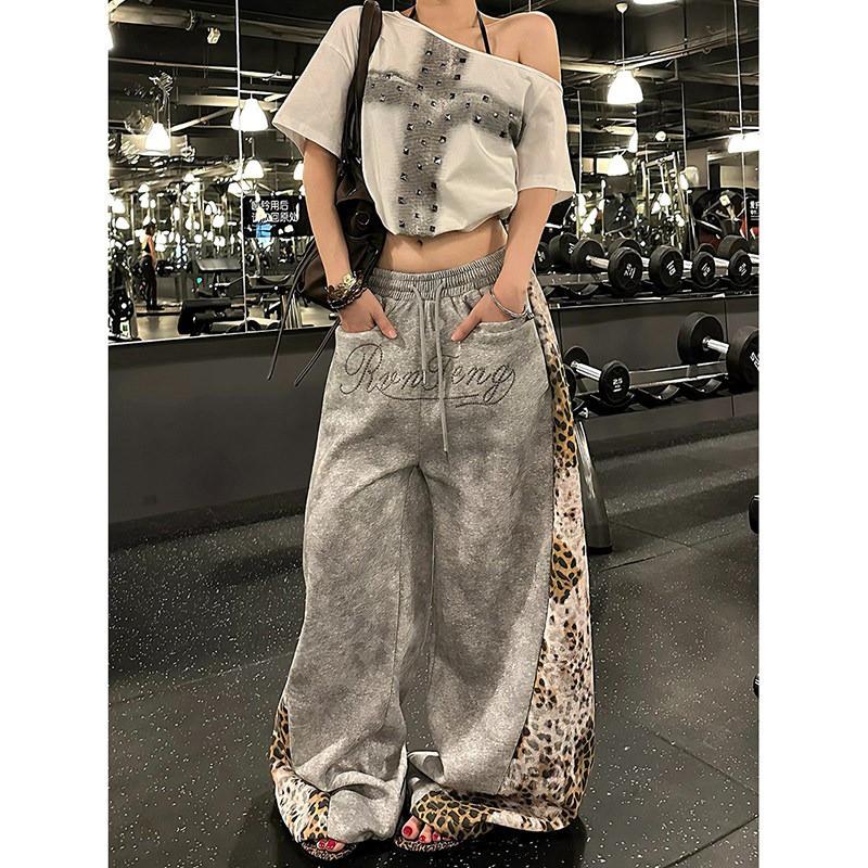 Womens Retro Leopard Patchwork Wide Leg Pants Loose Casual Streetwear Trousers