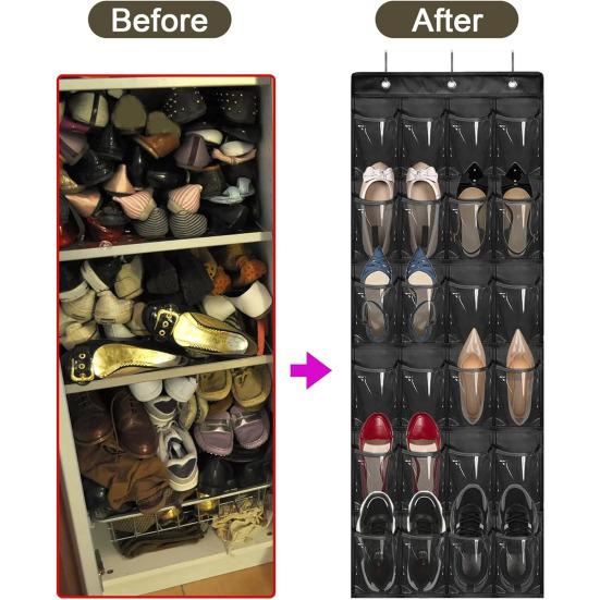 Shoe Storage Bag Behind Door Hanging Large Capacity 24 Transparent Pockets Great Load Bearing Shoe Organizer Home Dorm Sundries Holder with 3 Hooks
