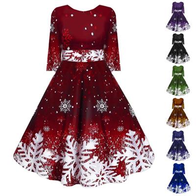 Женское рождественское платье с рукавом 3/4 и круглым вырезом, тонкое платье на талии с принтом снежинок