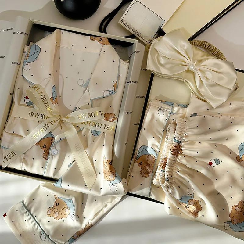 Spring and Autumn New Ladies Pajamas Homewear Suit Korean Ins Simulation Silk Pajamas Female Long-Sleeved Pajamas Homewear