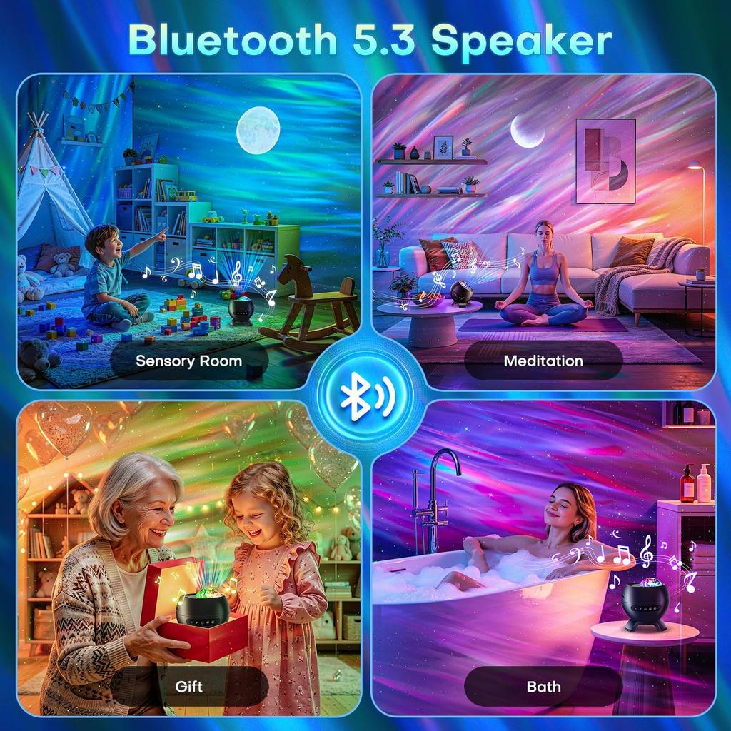 LED Light Gifts Home Decor Light Projector with 375 Effects, Bluetooth | Aurora Light, 15 Sleep Sounds, Adjustable Light Modes, Table Lamp, Speaker,