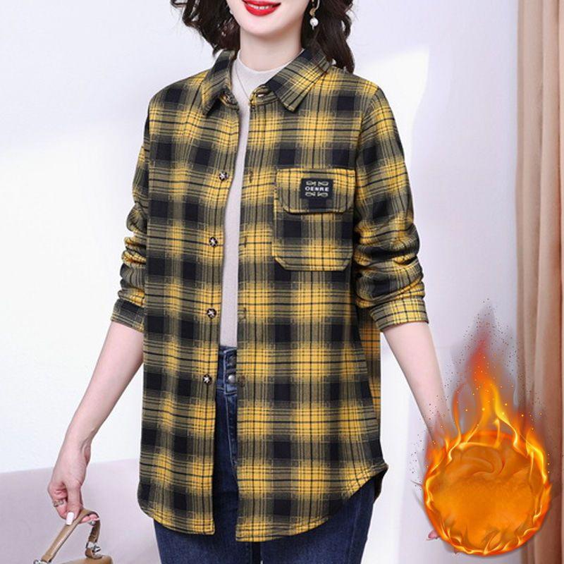 Шикарная женская рубашка с длинным рукавом в клетку — уютная утолщенная ткань, воротник-поло, идеально подходит для осеннего и зимнего гардероба