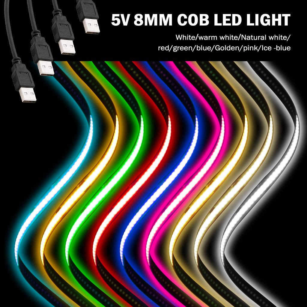 USB COB Strip Light 5V 320Leds/m Blue/White/Red/Green Flexible Adhesive Tape Night Lighting TV Backlights Home Decor 3M 5M