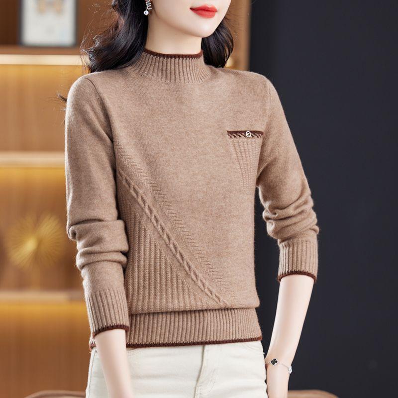 Осенне-зимний свитер с длинными рукавами, женский трикотажный топ с полувысоким воротом, плотная и свободная базовая рубашка для мам