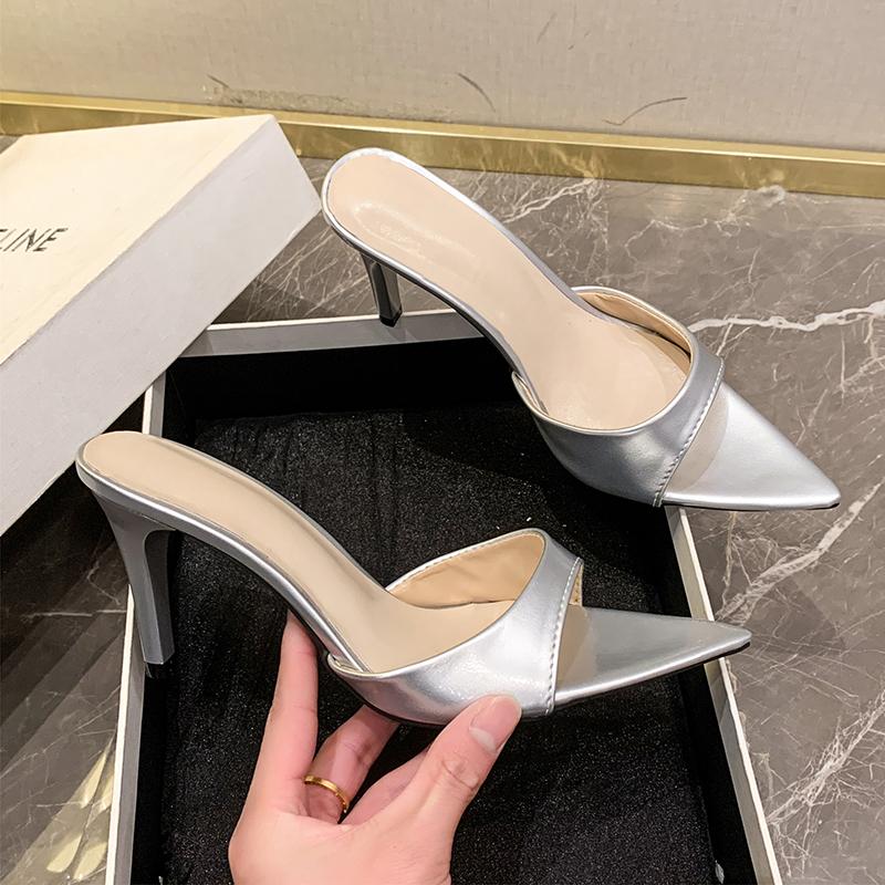 Fashion Summer New Style Solid Color All Match Fine Heel Comfortable Women's Shoes Fashion Pointy Open Toe Sexy High Heel Slipper