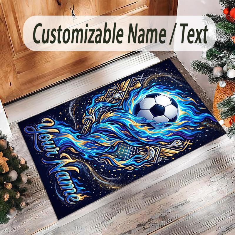 Soccer Theme Crystal Velvet Floor Rug Personalized Custom Name Text Warm Carpet Home Decoration