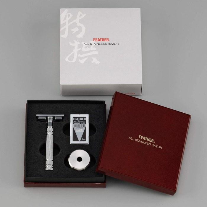 Feather Safety Razor Feather Tokusen Double-Edge All-Stainless Steel Razor N (Made in Japan) with Stand & 2 Blades, Silver