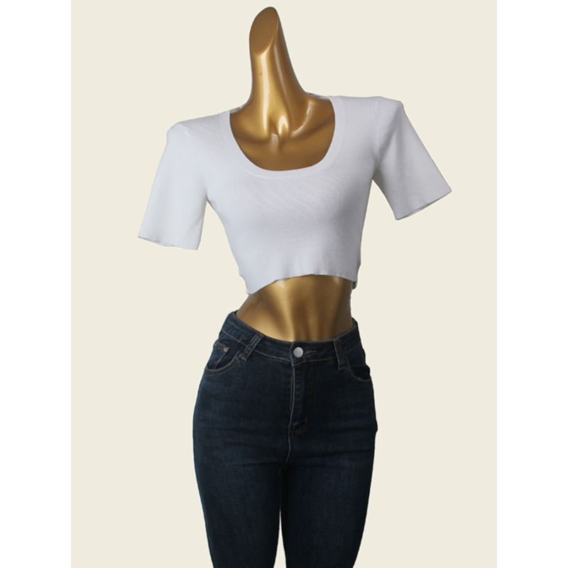 American Style Sexy Beauty Back T-shirt Summer Low Round Neck Sexy Pure Color Short Sleeve Knitting Short Tops