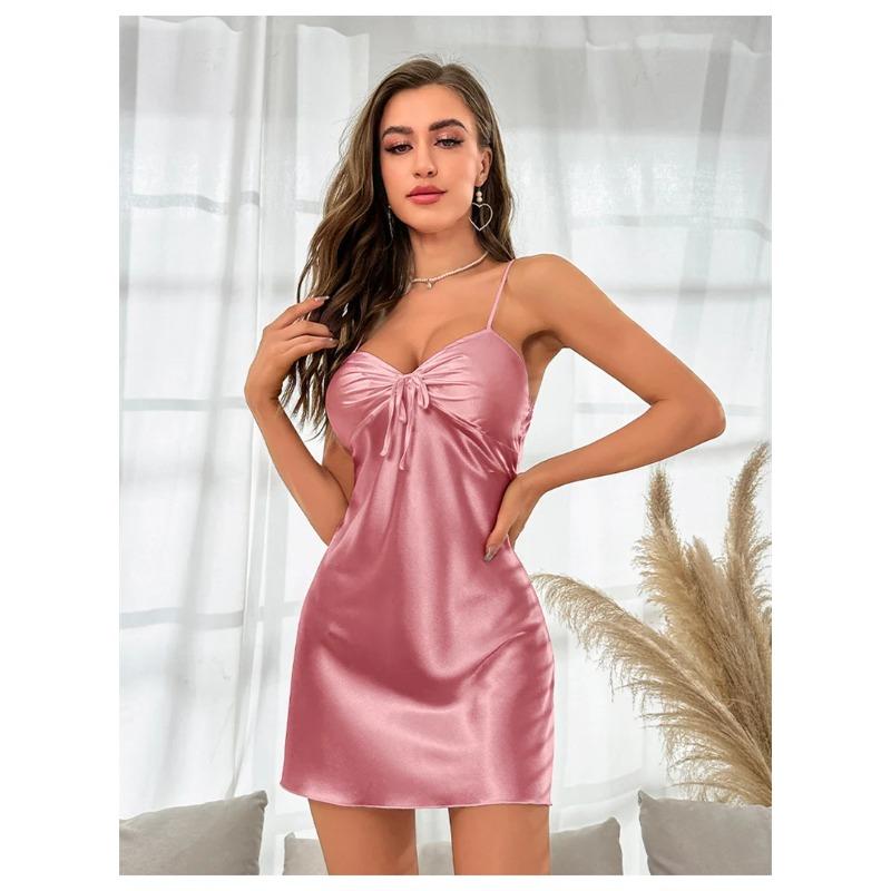 Women Ice Silk Sleepwear Summer Backless Suspender Short Nightdress Rayon with Chest Pad Bathrobe Home Dress
