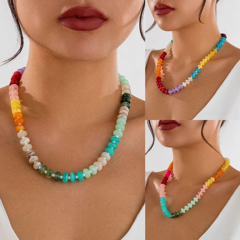 Acrylic Colorful Beads Choker Necklace Bohemian Y2K Neck Jewelry Rainbow Clavicle Chain for Women