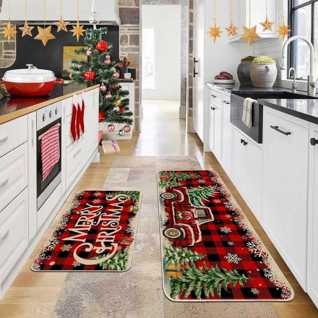 Christmas Kitchen Mats for Floor, Christmas Kitchen Rugs Set of 2 - Farmhouse Truck Red Buffalo Plaid Christmas Kitchen Decor