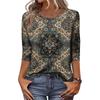 Trendy Vintage 3/4 Sleeve Top For Women,Ladies Casual Three Quarter Sleeve Round Collar Printed T-Shirt Blouse
