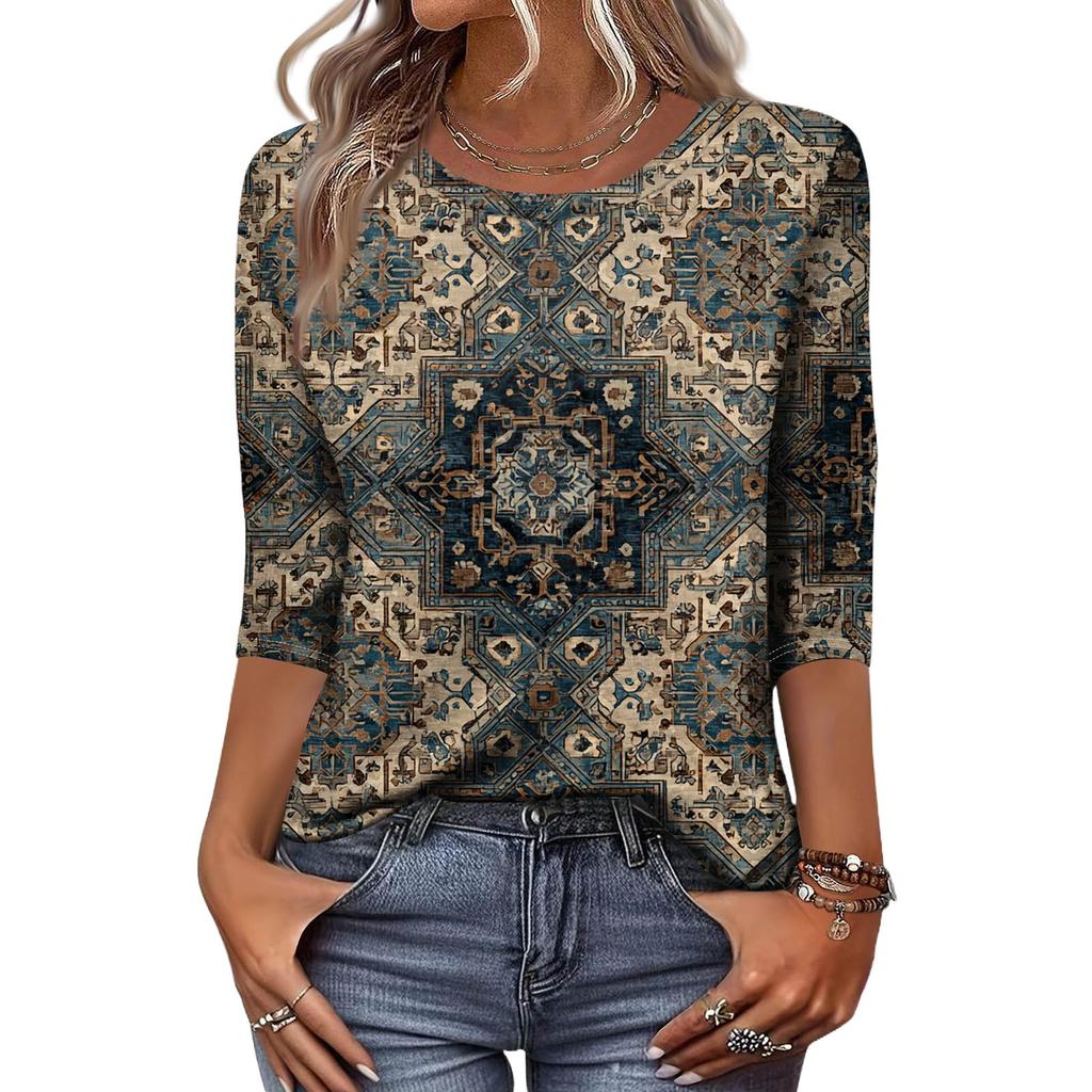 Trendy Vintage 3/4 Sleeve Top For Women,Ladies Casual Three Quarter Sleeve Round Collar Printed T-Shirt Blouse