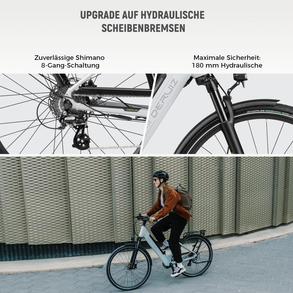 Electric Bike DERUIZ Quartz 28'' 250w Motor City Ebike - 48V 13.4Ah Battery Up to 161km Range, Hydraulic Brakes, Torque Sensor, 8 Speed, White