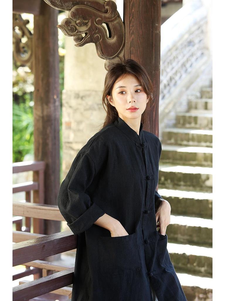 Women's Mid-Length Cotton Linen Cardigan - Retro Sand Washed