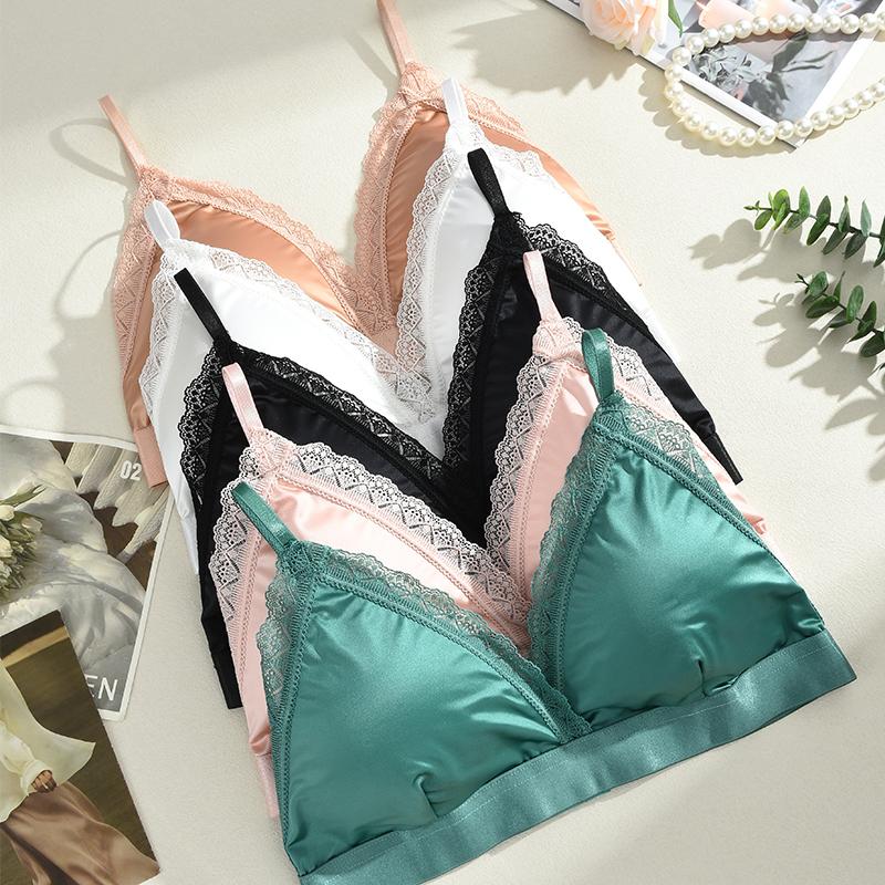 FINETOO Lace Seamless Bra Ice Silk Women's Underwear Sexy Deep V-neck Padded Top Beautiful Back Bralette Female Comfort Lingerie