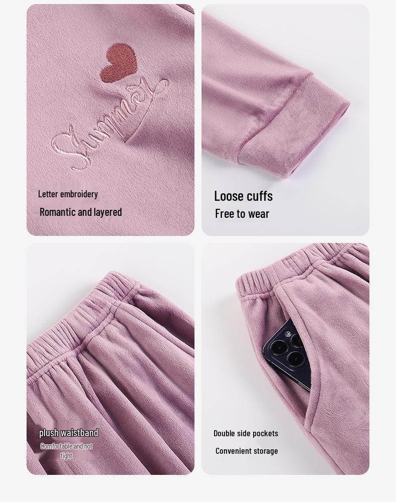 Женская зимняя пижама на флисовой подкладке – Толстый коралловый бархат, Теплый комплект домашней одежды большого размера