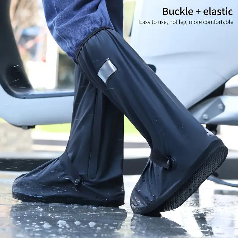 Waterproof Black Rain Boot Covers with Reflective Strips High-top Transparent Design Suitable for Motorcycles and Bicycles.