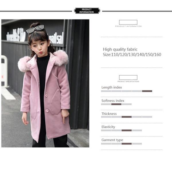 Осенне-зимнее модное утепленное шерстяное пальто с большим меховым воротником для девочек, длинная куртка, топы, розовое шерстяное пальто, детская одежда
