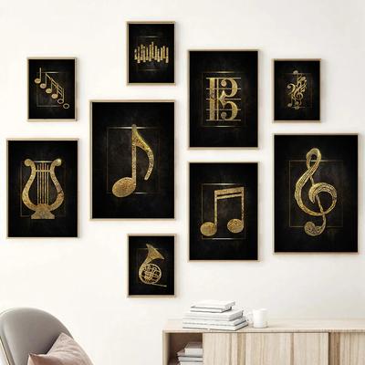Черный фон золотые музыкальные знаки плакаты холст картина фортепиано настенная картина для спальни украшение дома безрамное