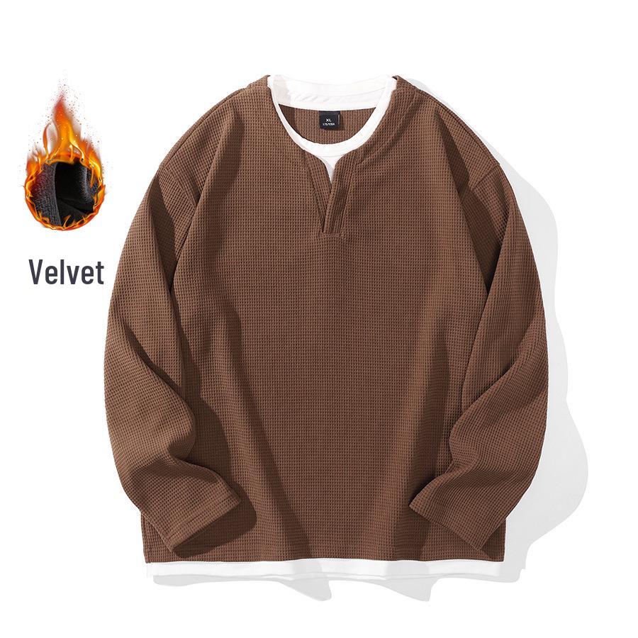 Men's Black Velvety Faux Two-Piece Henley Long-Sleeve T-Shirt, Autumn Korean-European Style, 536.