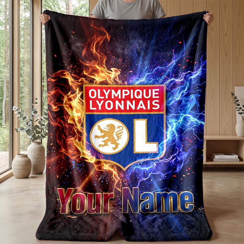 Lyon FC Custom Name Text Flannel Blanket Soccer Logo Personalized Fleece Throw Blanket Special Gift For Sofa Bedroom Home