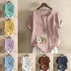 Women's Fashion Round Neck Short Sleeve T-shirt Casual Cotton Linen Graphic Shirt Chrysanthemum Prined Summer Blouse Tops Plus Size