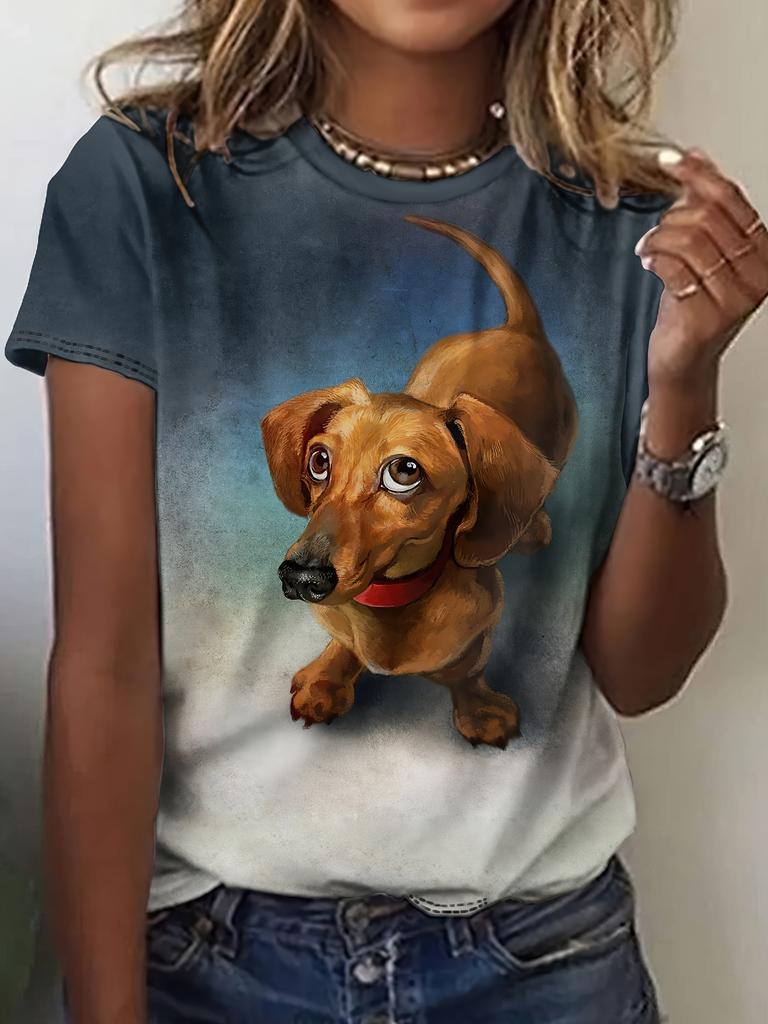 2024 Лето Новая женская футболка с 3D-цифровым принтом, креативный анималистичный узор, круглый вырез, повседневный свободный модный топ с коротким рукавом