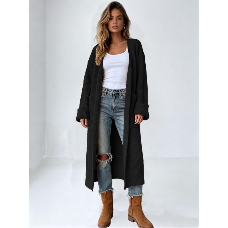 Oversized Longline Knit Cardigan With Front Pockets Roll-Up Sleeves V-Neck Loose Fit Warm Winter Sweater