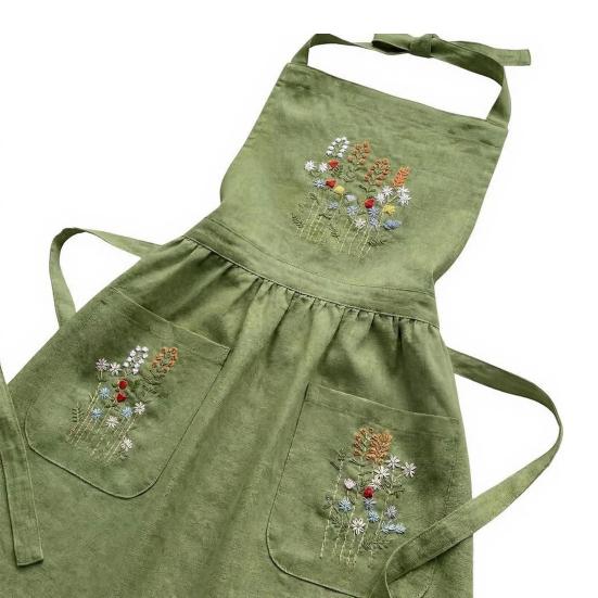 Breathable Cotton Blend Apron Kitchen with Pockets, Durable Washable Chef Apron, Adjustable Cross Florist Garden Pockets Back Design, Hand-Embroidered