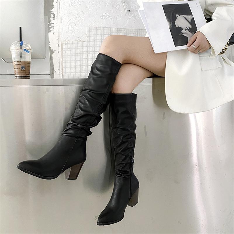Women Knee High Long Boots Pointed Toe Thick High Heels Zipper Pleated Gogo Boots Ladies Fashion Shoes Autumn Winter 46