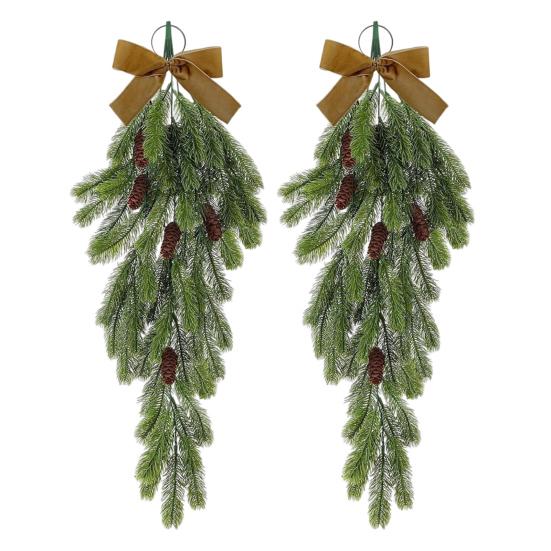 Yousheng 2 шт. рождественская гирлянда в форме капли, искусственные сосновые иголки, гирлянда с шишками и бантом, искусственная подвесная гирлянда из зелени для домашнего декора
