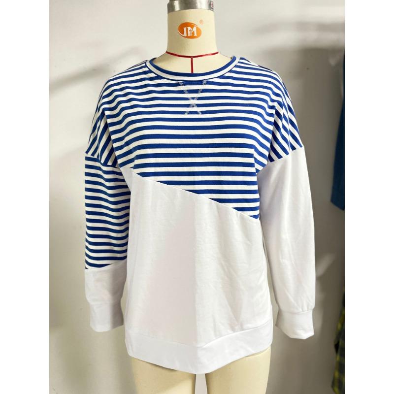 Осенние женские пуловеры, однотонный топ с длинными рукавами и круглым вырезом в полоску