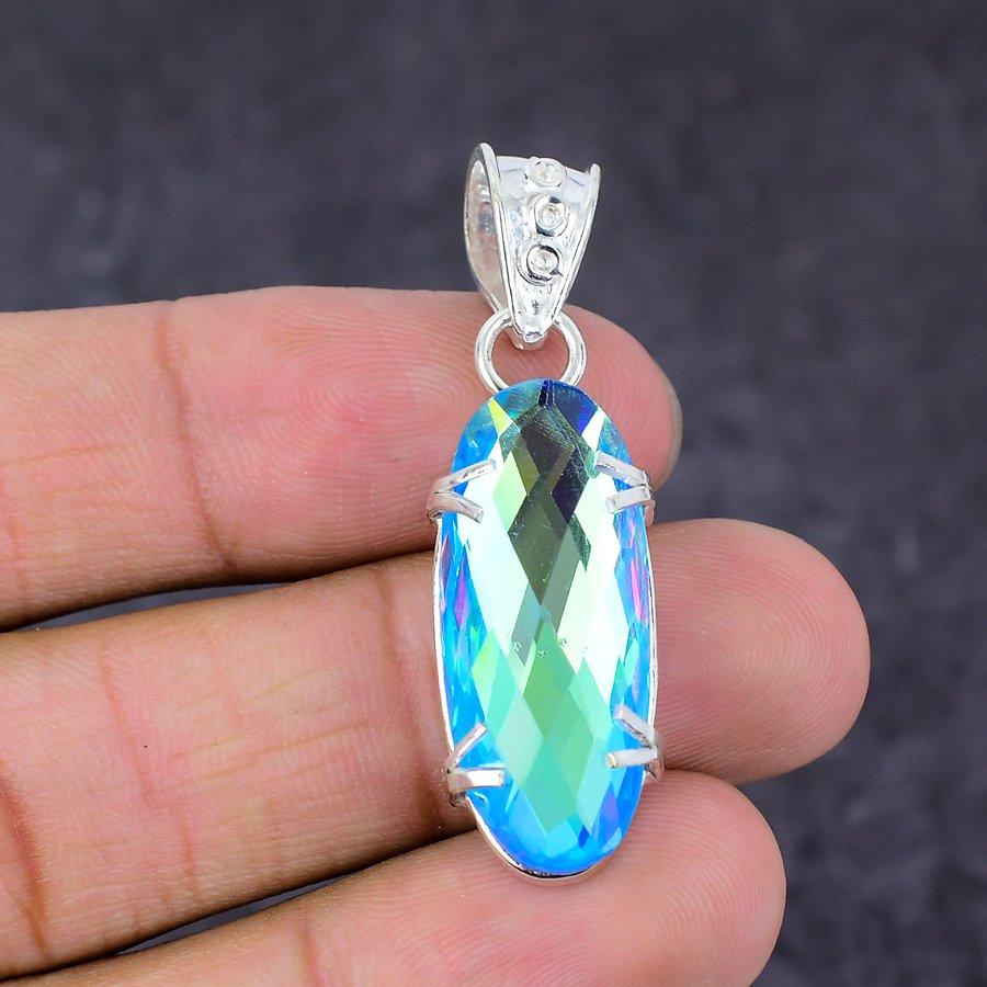 Подвеска из стерлингового серебра 925 пробы с натуральным мистическим топазом ручной работы 1,81 дюйма Q2m74