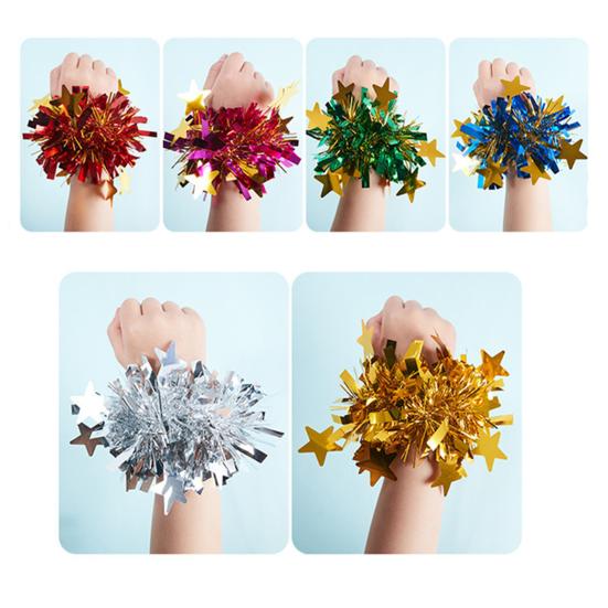 6 шт., изогнутая отделка, цветок на запястье, декор со звездами, детское сценическое представление, браслет на резинке, эластичный браслет для черлидинга с металлическими помпонами, держатель для хвоста