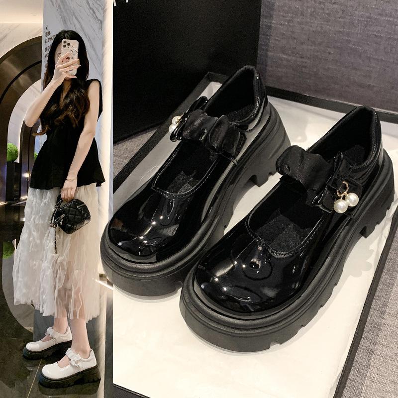 French Mary Jane One-pedal Women's Shoes Popular Temperament Shoes Heightened Jk Shoes Round Head with Mary Jane Small Leather Shoes