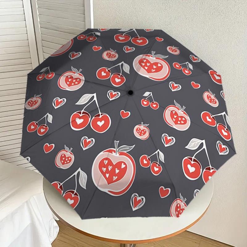 1pc Cherry Heart Pattern Automatic Folding Umbrella Durable Iron Frame, Iron Umbrella Structure Suitable for All Seasons yy260203102